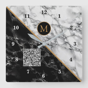 Horloge Carrée Monogram Clock Your Code QR - Black White Marble