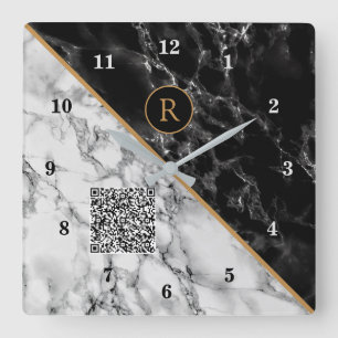 Horloge Carrée Monogram Clock Your Code QR - Black White Marble