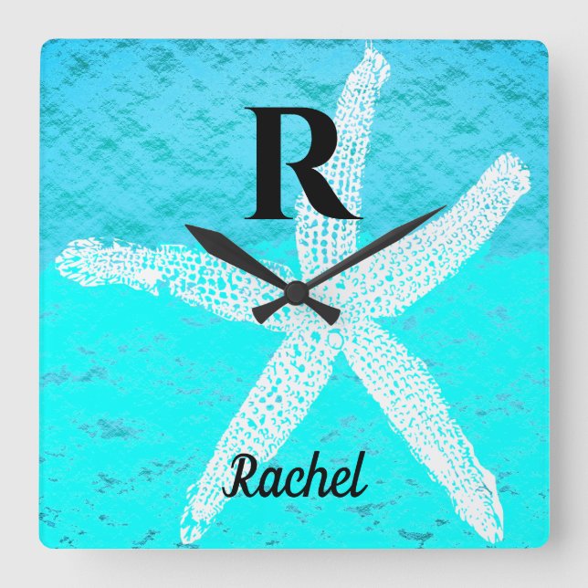 Horloge Carrée Monogram Initial Teal Turquoise Pastel Starfish (Recto)
