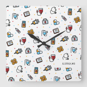 Horloge Carrée Monogram. Medical Pattern. For Doctors and Nurses