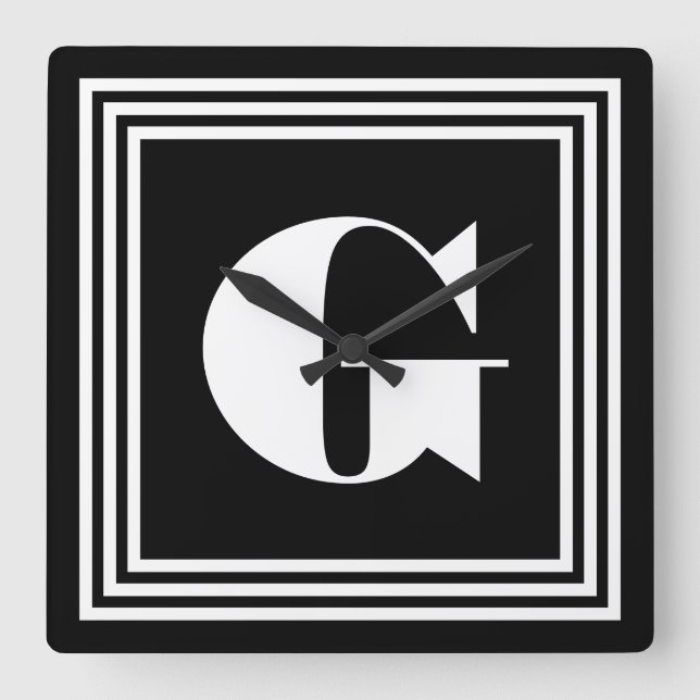 Horloge Carrée Monogramme audacieux | de 3 cadres noir et blanc (Recto)