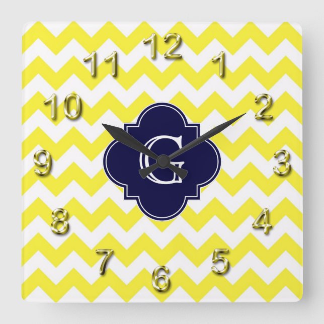 Horloge Carrée Monogramme de Quatrefoil bleu de la marine Chevron (Recto)