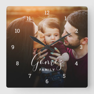 Horloge Carrée Monogramme de superposition de photo de famille pe