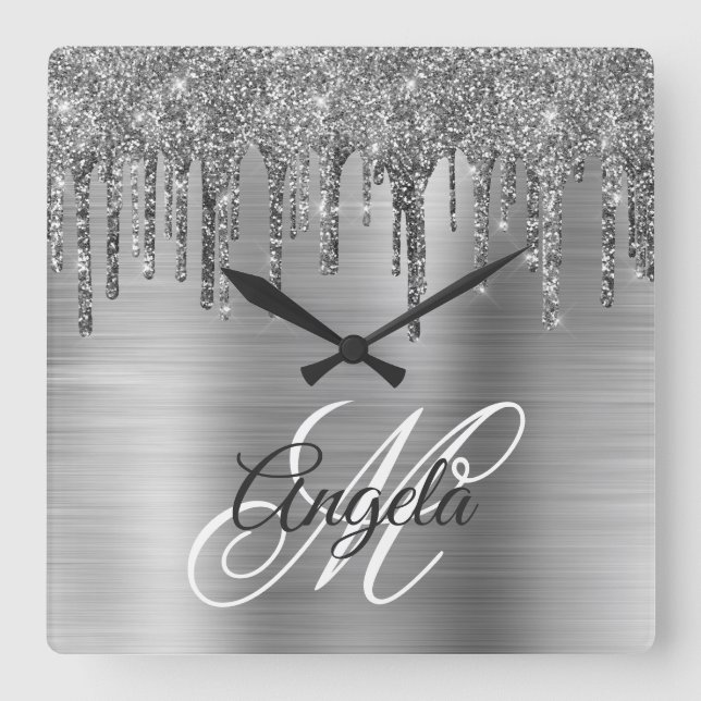 Horloge Carrée Monogramme fantaisie pailleté avec effet de ruisse (Recto)