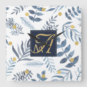 Horloge Carrée Monogramme feuilles botaniques fougères bleu marin