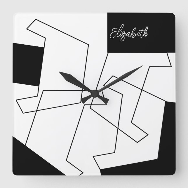 Horloge Carrée Monogramme géométrique tendance noir et blanc (Recto)