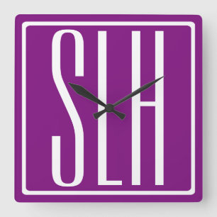 Horloge Carrée Monogramme Initiales 3 Moderne Gras Blanc & Viol