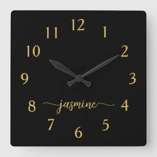 Horloge Carrée Monogramme minimaliste d'or noir de fille - Script
