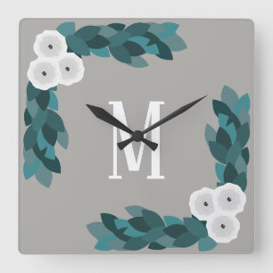Horloge Carrée Monogramme moderne blanc Ranunculus Fleur & Foliag