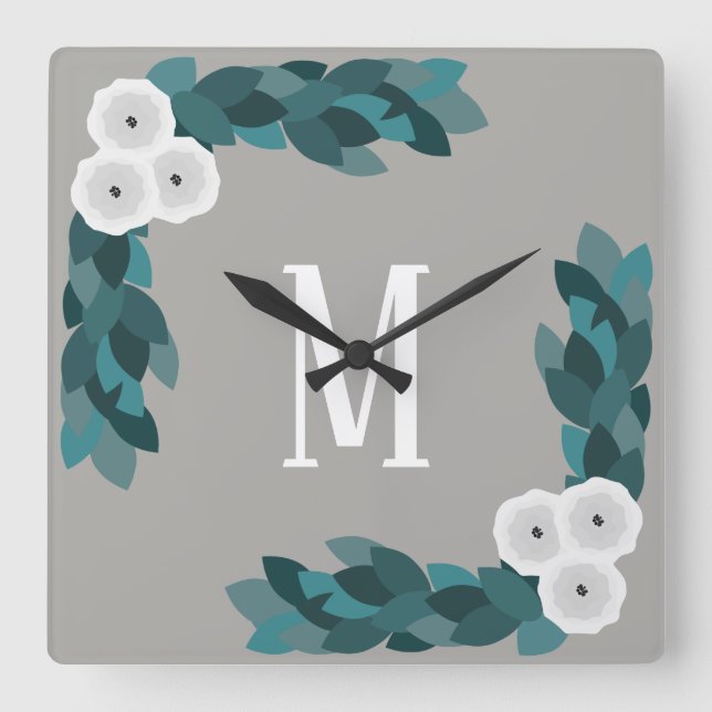 Horloge Carrée Monogramme moderne blanc Ranunculus Fleur & Foliag (Recto)
