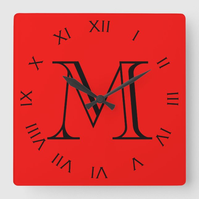Horloge Carrée Monogramme Noir chiffres romains sur rouge wccn (Recto)