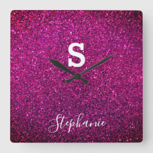 Horloge Carrée Monogramme Nom initial Purple Parties scintillant