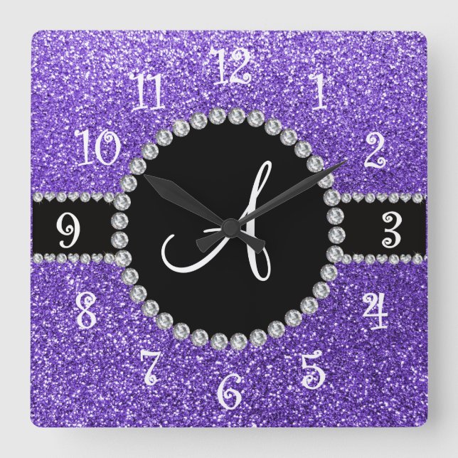 Horloge Carrée Monogramme parties scintillant violet diamant cerc (Recto)