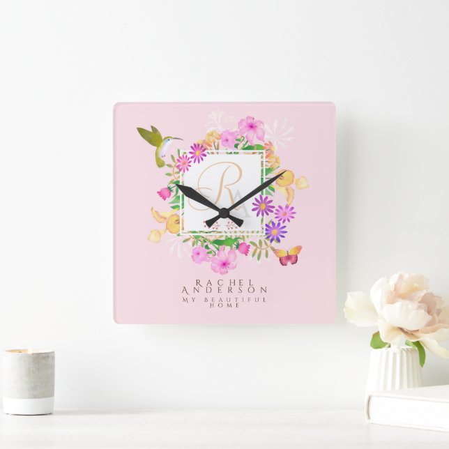 Horloge Carrée Monogramme rose du jardin floral (Maison)