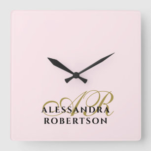 Horloge Carrée Monogramme Rose Pastel Or Noir Minimaliste Moderne