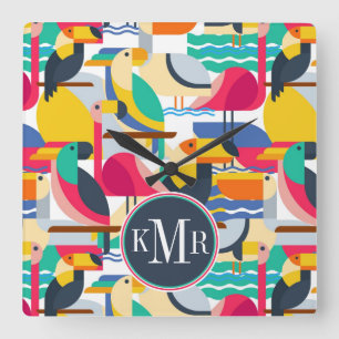 Horloge Carrée Monogramme tropical géométrique des oiseaux