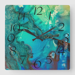 Horloge Carrée Monogrammes d'Art Moderne Abstraits ombres de bleu