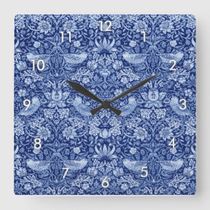 Horloge Carrée Monotone bleu de fraises Thief, William Morris
