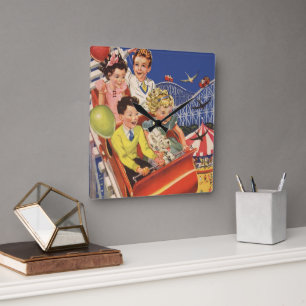 Horloge Carrée Montagnes Russes pour Enfants avec Chiens et Ballo