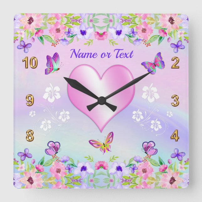 Horloge Carrée Montre Fleurs Papillons Rose Violet avec Nom (Recto)