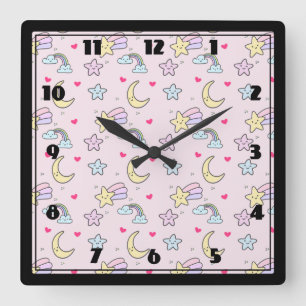 Horloge Carrée Moon, Stars and Clouds Pattern on Rose