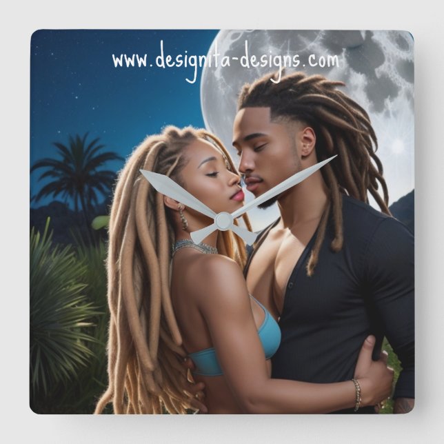 Horloge Carrée Moonlight Couple  – Romantic Digital Art  (Recto)