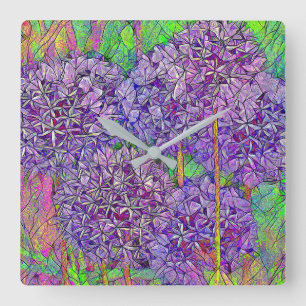 Horloge Carrée Mosaïque d'Allium pourpre avec effets d'aquarelle