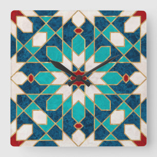 Horloge Carrée Mosaïque marocaine de marbre blanc Turquoise bleu