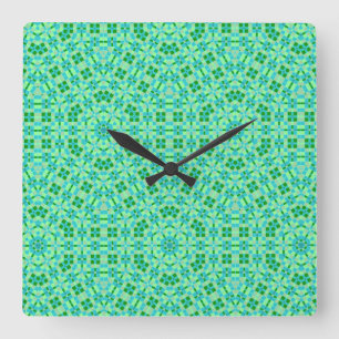 Horloge Carrée Mosaïques Bleues et Vertes