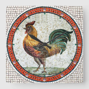 HORLOGE CARRÉE MOSAÏQUES ROMAINES ANTIQUES/COQ