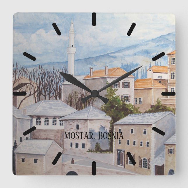 Horloge Carrée Mostar, Bosnie - Peinture Townscape Acrylique (Recto)
