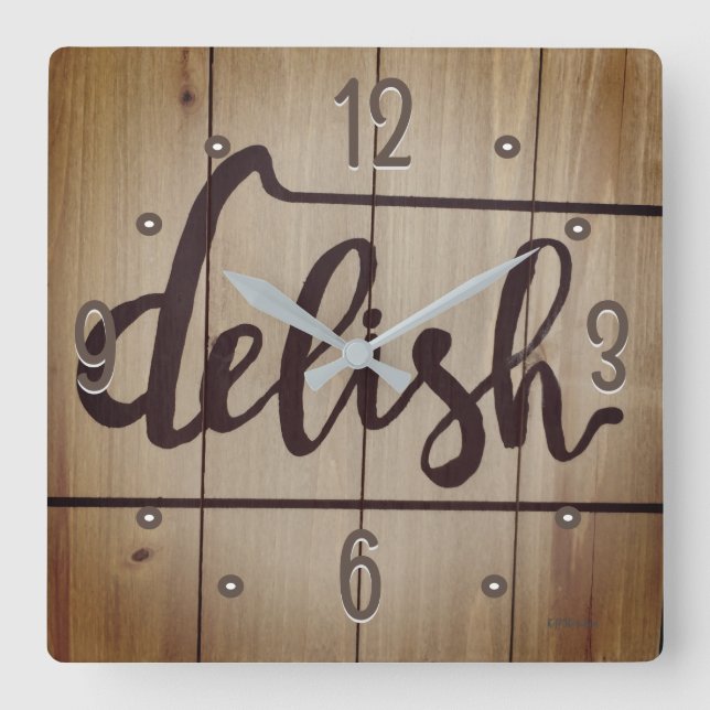 Horloge Carrée Mot graphique de cuisine DELISH Rustique Brown (Recto)