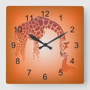 Horloge Carrée Mother and Cute Baby Giraffe tangerine