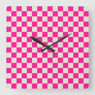 Horloge Carrée Motif à carreaux rose vif et beige
