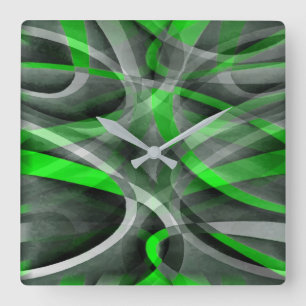 Horloge Carrée Motif à ligne courbe rétro néon vert et gris des a