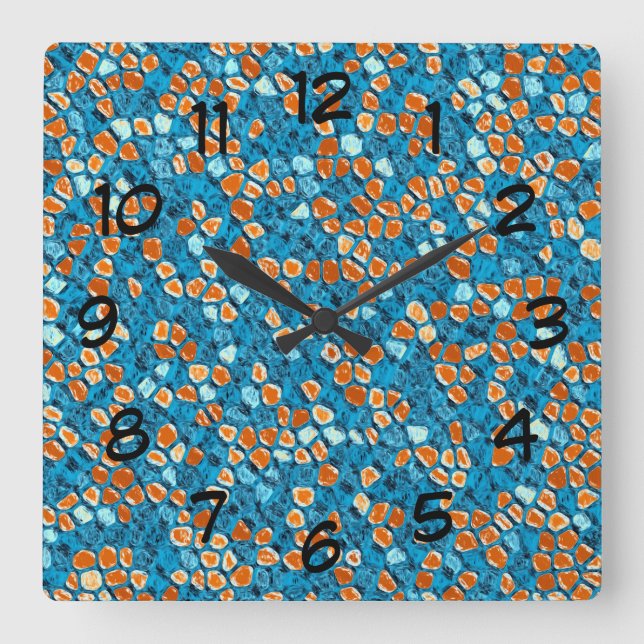 Horloge Carrée Motif Abstrait orange et bleu (Recto)