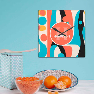 Horloge Carrée Motif Abstrait Rétro Coloré avec Monogramme 