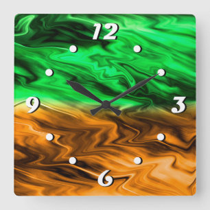 Horloge Carrée motif Abstrait tacheté en vert orange