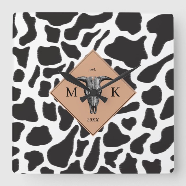 Horloge Carrée Motif animal noir et blanc Vache tache Monogramme (Recto)