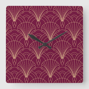 Horloge Carrée Motif Art Déco avec éventails géométriques dorés