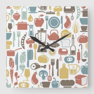 Horloge Carrée Motif avec des icônes de cuisine