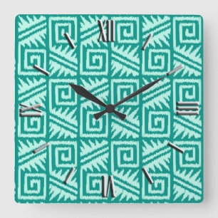 Horloge Carrée Motif Aztec Ikat - Turquoise et Aqua