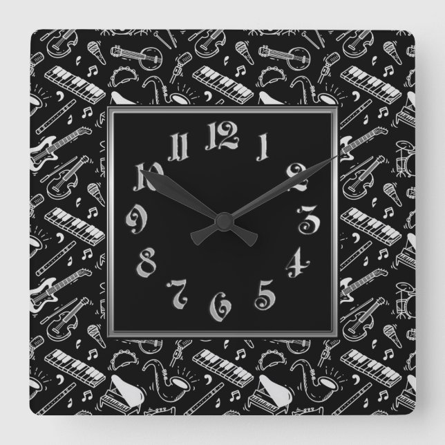 Horloge Carrée Motif Black & White Instruments (Recto)