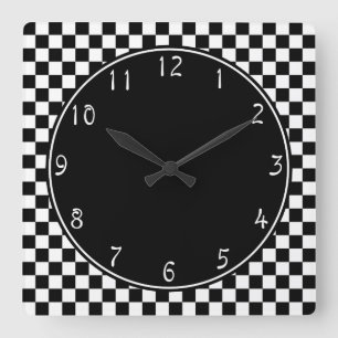 Horloge Carrée Motif blanc de damier de cercle noir