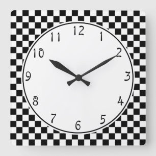 Horloge Carrée Motif blanc de damier de noir de cercle