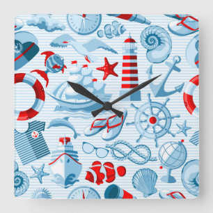 Horloge Carrée Motif blanc et bleu rouge nautique