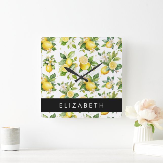 Horloge Carrée Motif citron, Fleurs de citron, Feuilles, Votre No (Maison)