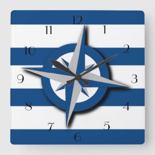 Horloge Carrée Motif compas et larges rayures inspiré du nautisme