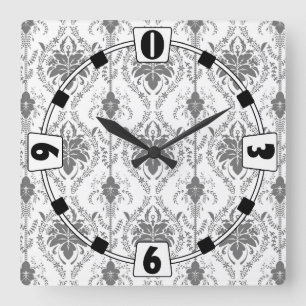 Horloge Carrée Motif Damask blanc et gris