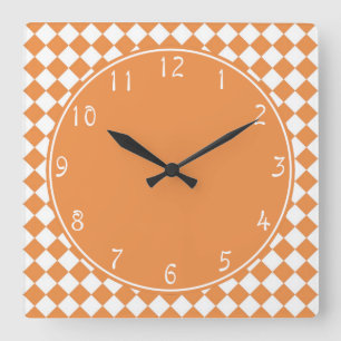 Horloge Carrée Motif damier diamant cercle orange pêche
